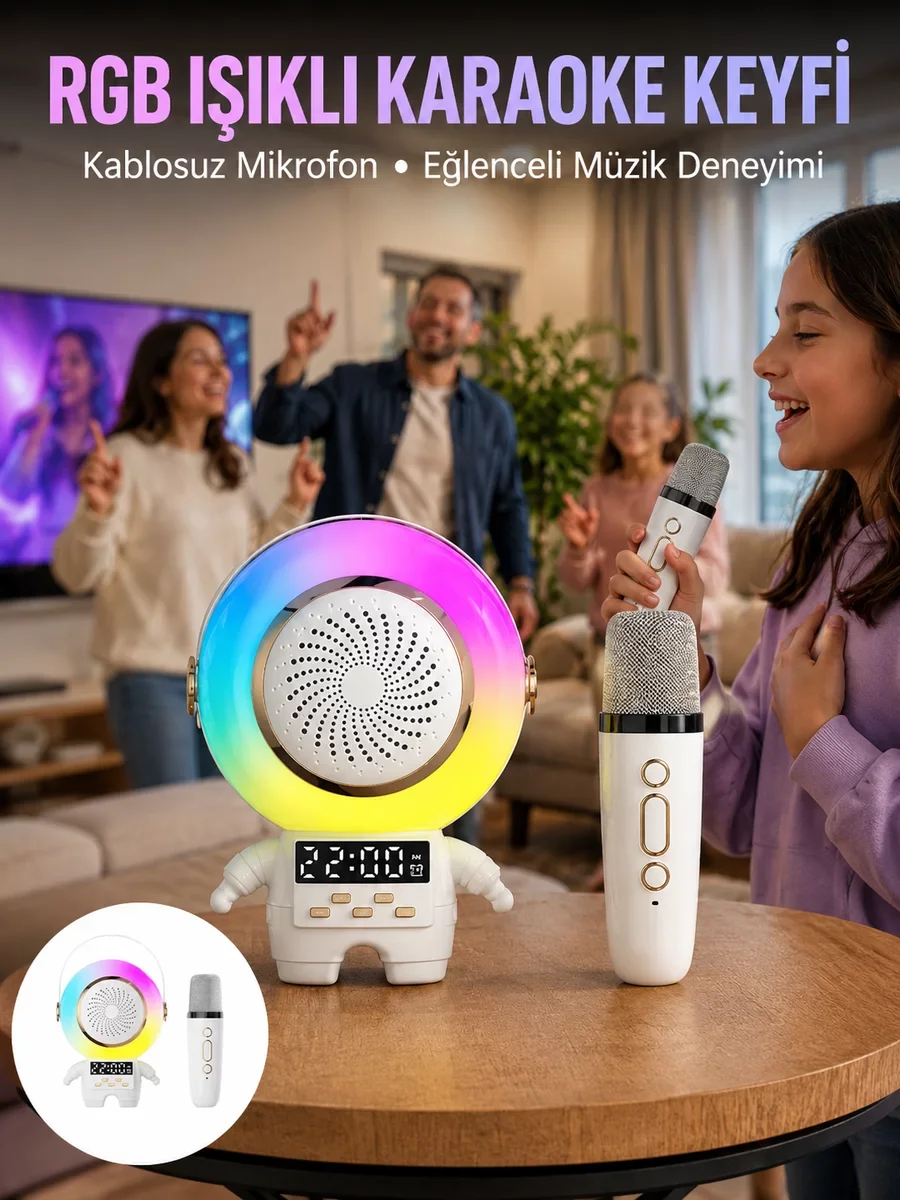 Karaoke Astronot Bluetooth Hoparlör - Kablosuz Mikrofonlu Mini Speaker