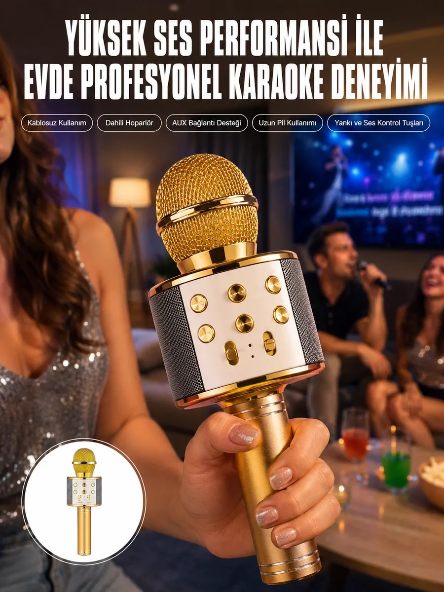 Karaoke Mikrofon Dahili Hoparlör Bluetooth USB AUX SD Kart Girişli