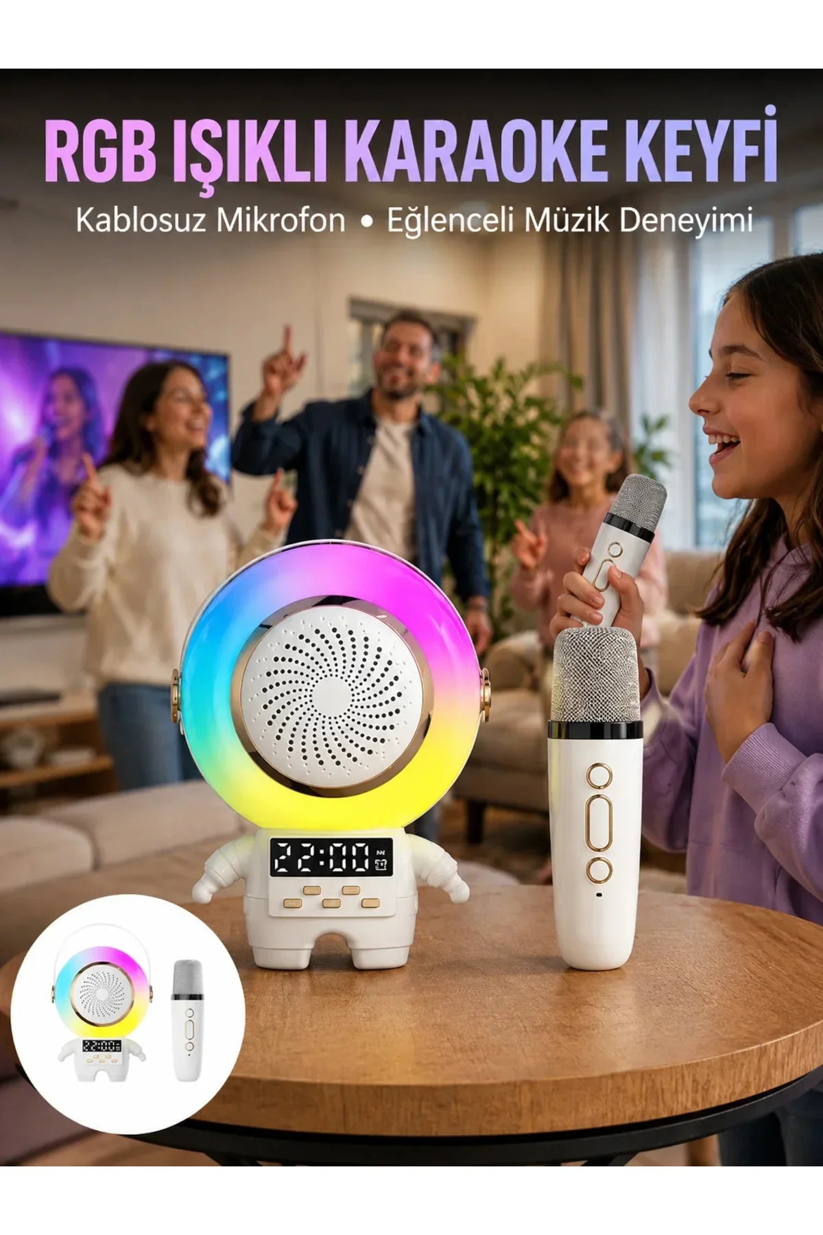 Karaoke Özellikli Astronot Bluetooth Hoparlör Kablosuz Mikrofonlu