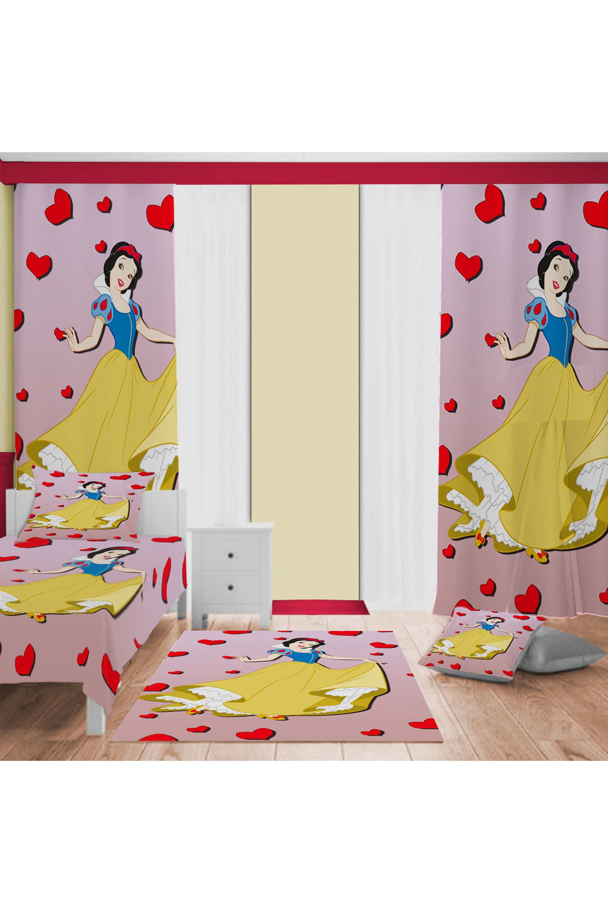 Evan Home Karbeyaz Desenli Çocuk Odası Takım Perde (İki Kanat),Yatak Örtüsü,Yastık,Kırlent ,Halı,