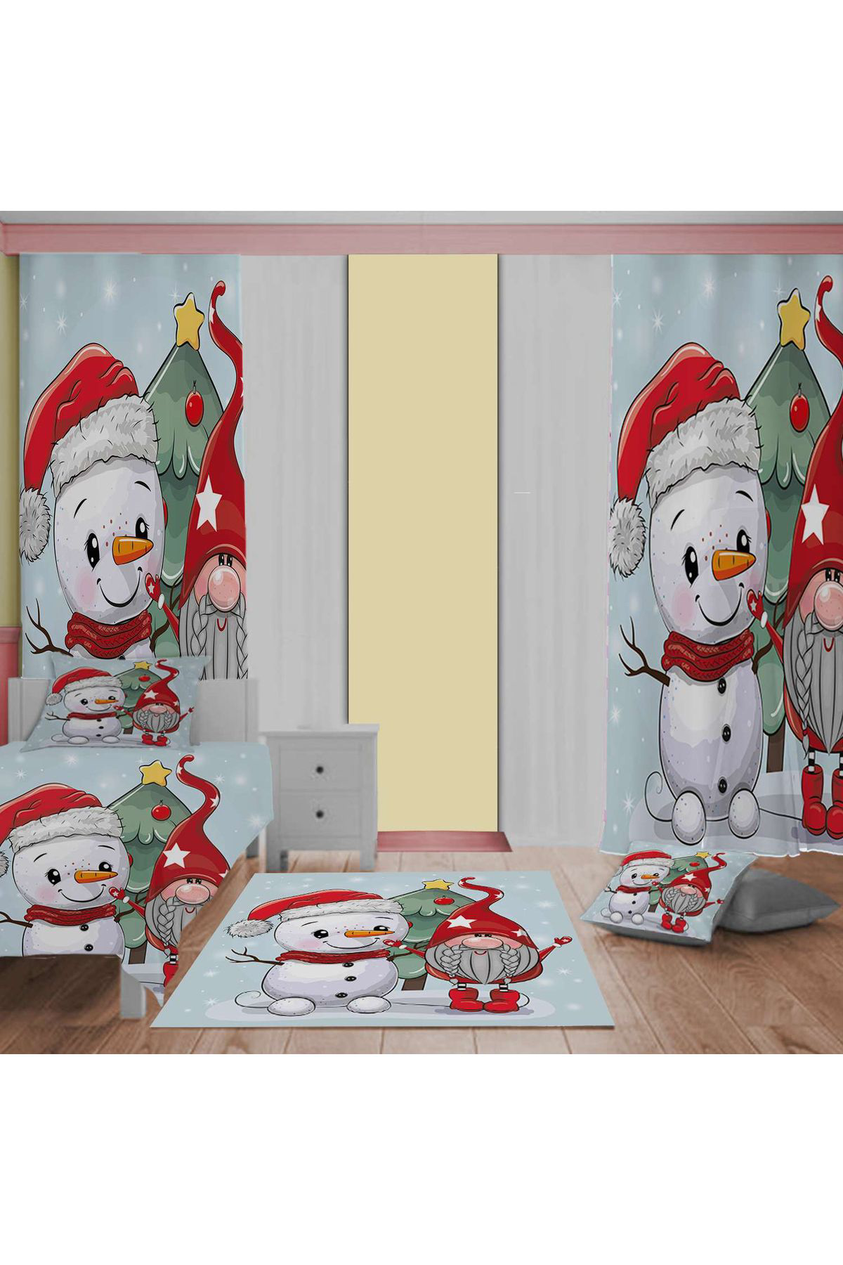 Evan Home Kardan Adam Desenli Çocuk Odası Takım Perde (İki Kanat),Yatak Örtüsü,Yastık,Kırlent ,Halı,