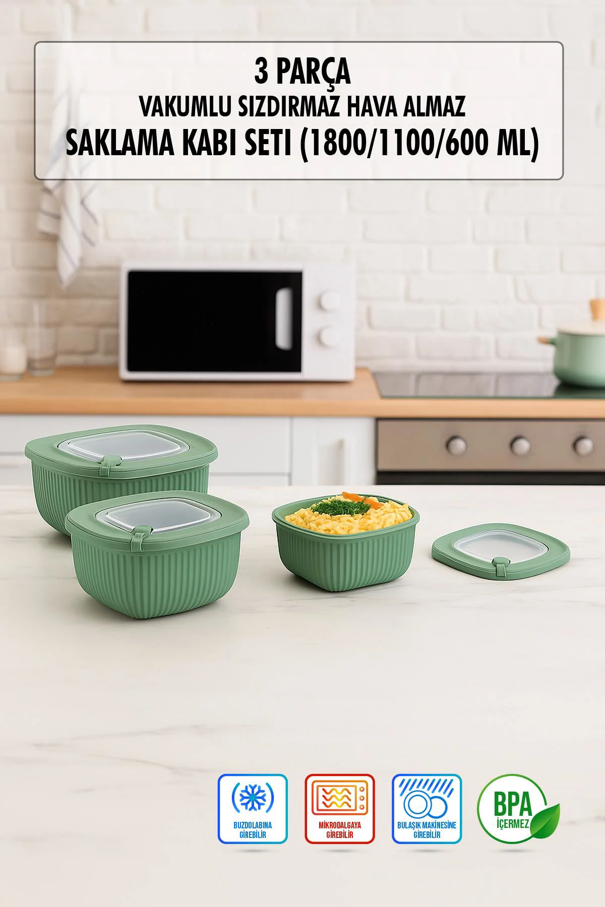 Kare 3 Parça Vakumlu Sızdırmaz Hava Almaz Saklama Kabı Seti Yeşil (1800/1100/600 Ml) Kare 3 Parça Vakumlu Sızdırmaz Hava Almaz Saklama Kabı Seti Yeşil (1800/1100/600 Ml)