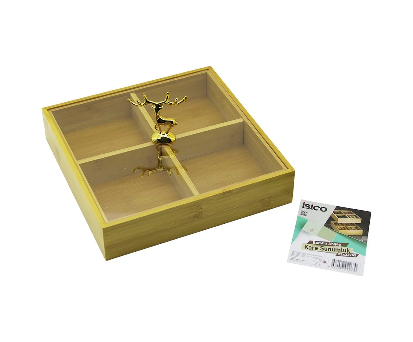 Kare 4 Bölmeli 2ın1 Bölmesiz Çok Amaçlı Kutu Ahşap Bambu Servis Sunum Tepsi - Tahtası 22x22x5cm 5224