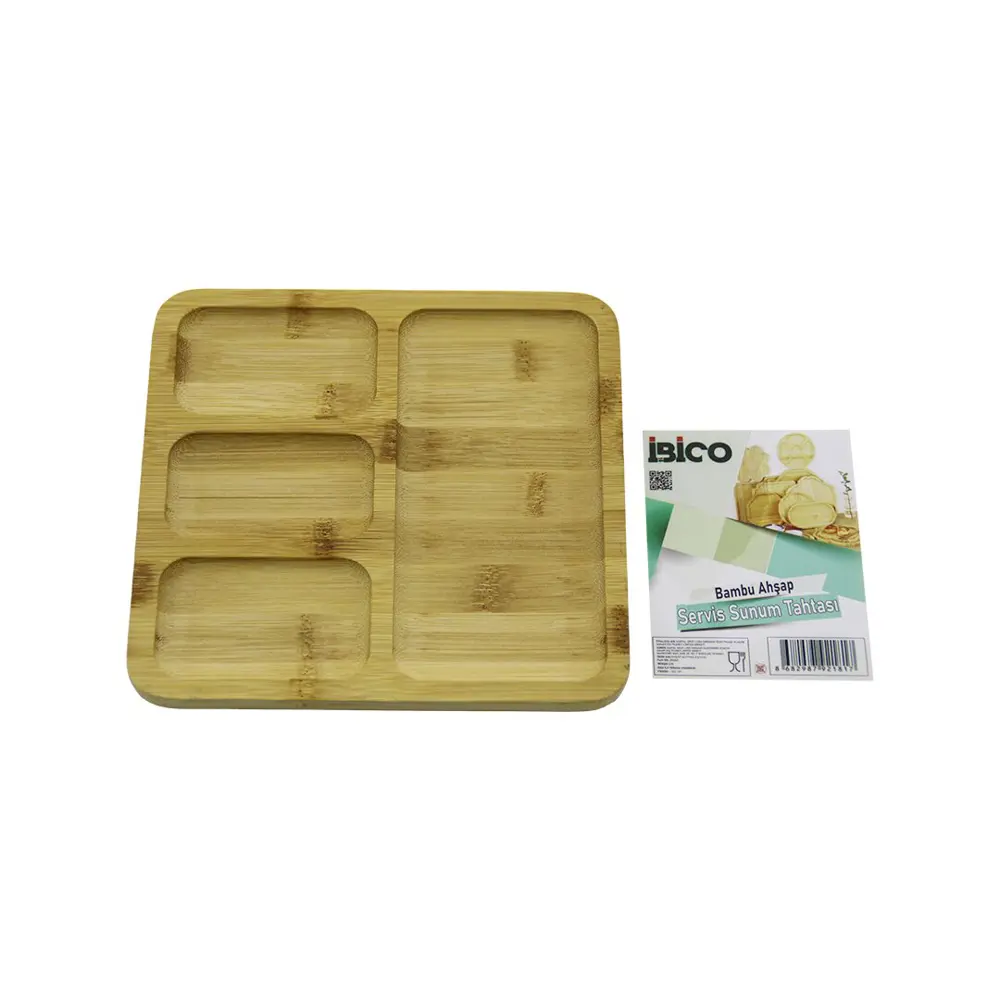 KARE 4 BÖLMELİ=3+1 AHŞAP BAMBU SERVİS SUNUM TEPSİ - TAHTASI 20 X 