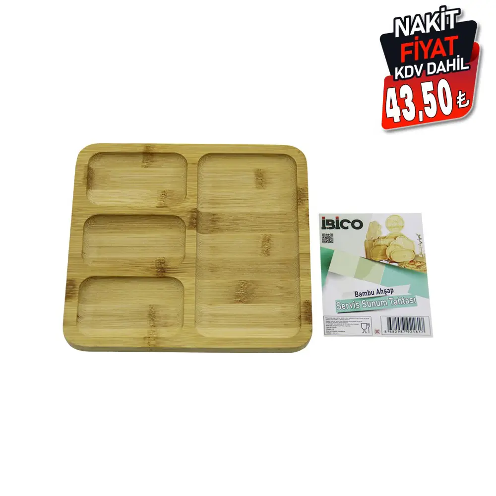 KARE 4 BÖLMELİ=3+1 AHŞAP BAMBU SERVİS SUNUM TEPSİ - TAHTASI 20 X 