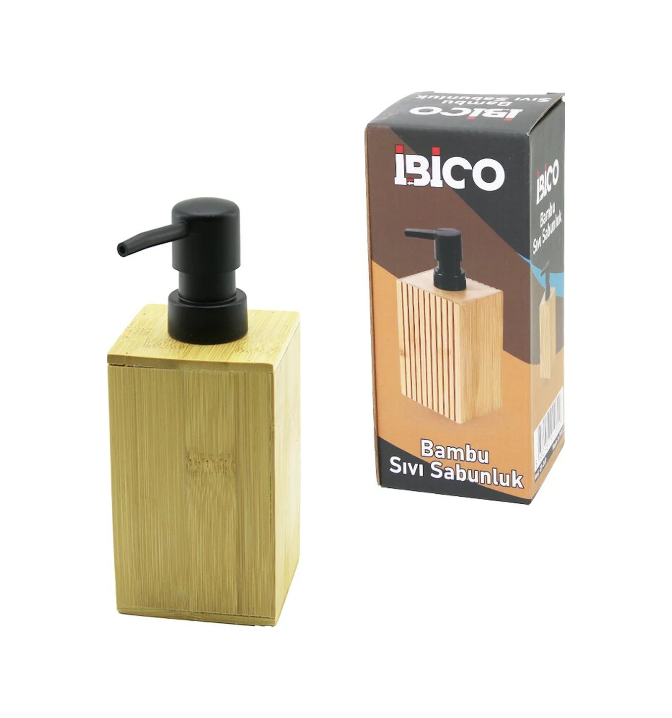 Kare Ahşap Bambu Sıvı Sabunluk Siyah Plastik Pompa Çap: 7cm - Y: 