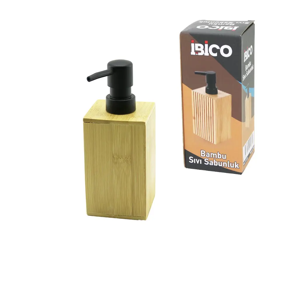 KARE AHŞAP BAMBU SIVI SABUNLUK SİYAH PLASTİK POMPA ÇAP: 7CM - Y: 