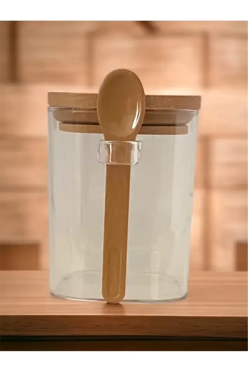 Kare Bambu Kapaklı Kaşıklı kristal plastik Baharat Saklama Kabı 5