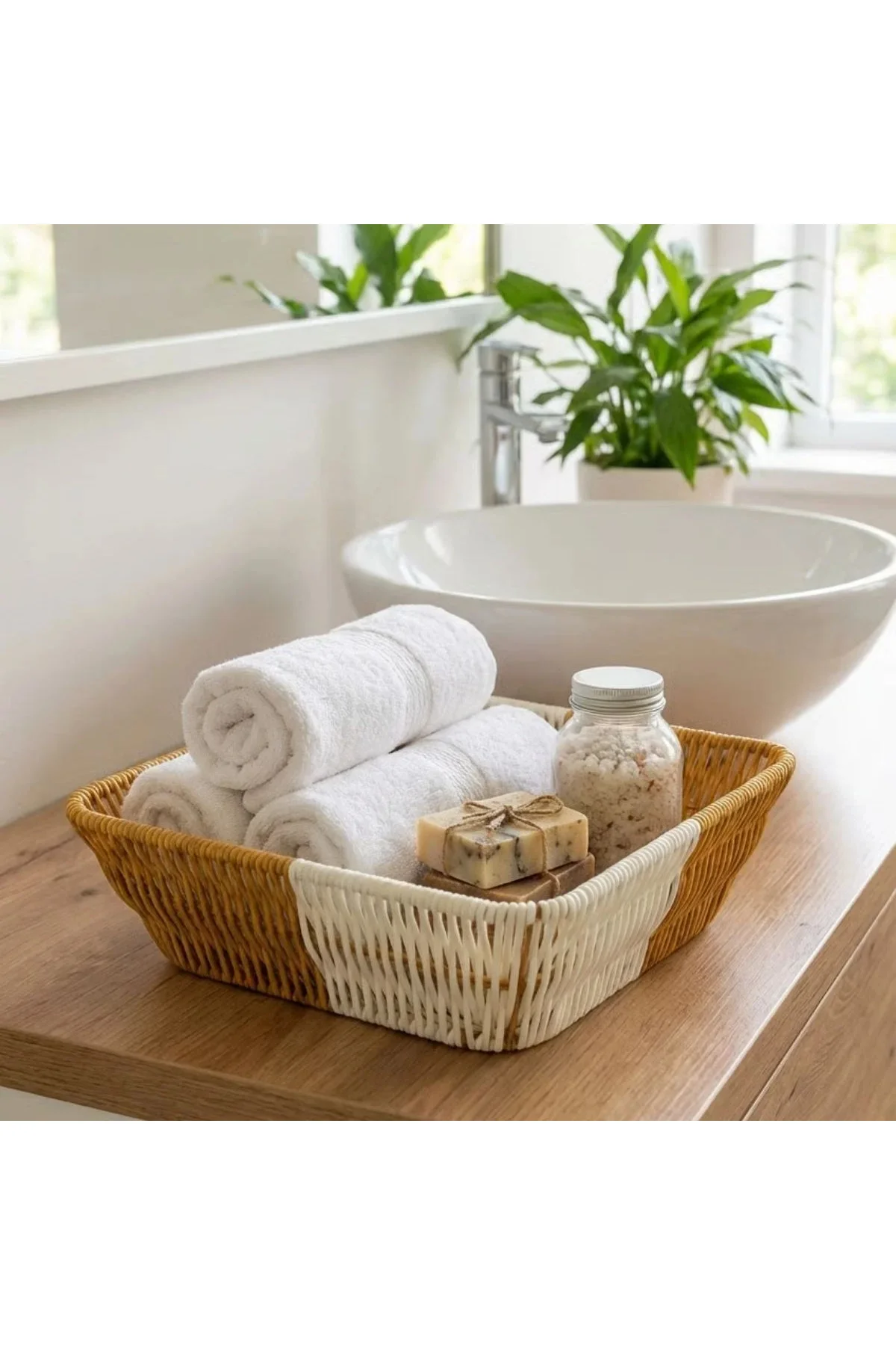 Kare Çift Renkli Plastik Rattan Ekmek ve Meyve Sepeti - Çok Amaçlı Banyo ve Mutfak Düzenleyici - Yık