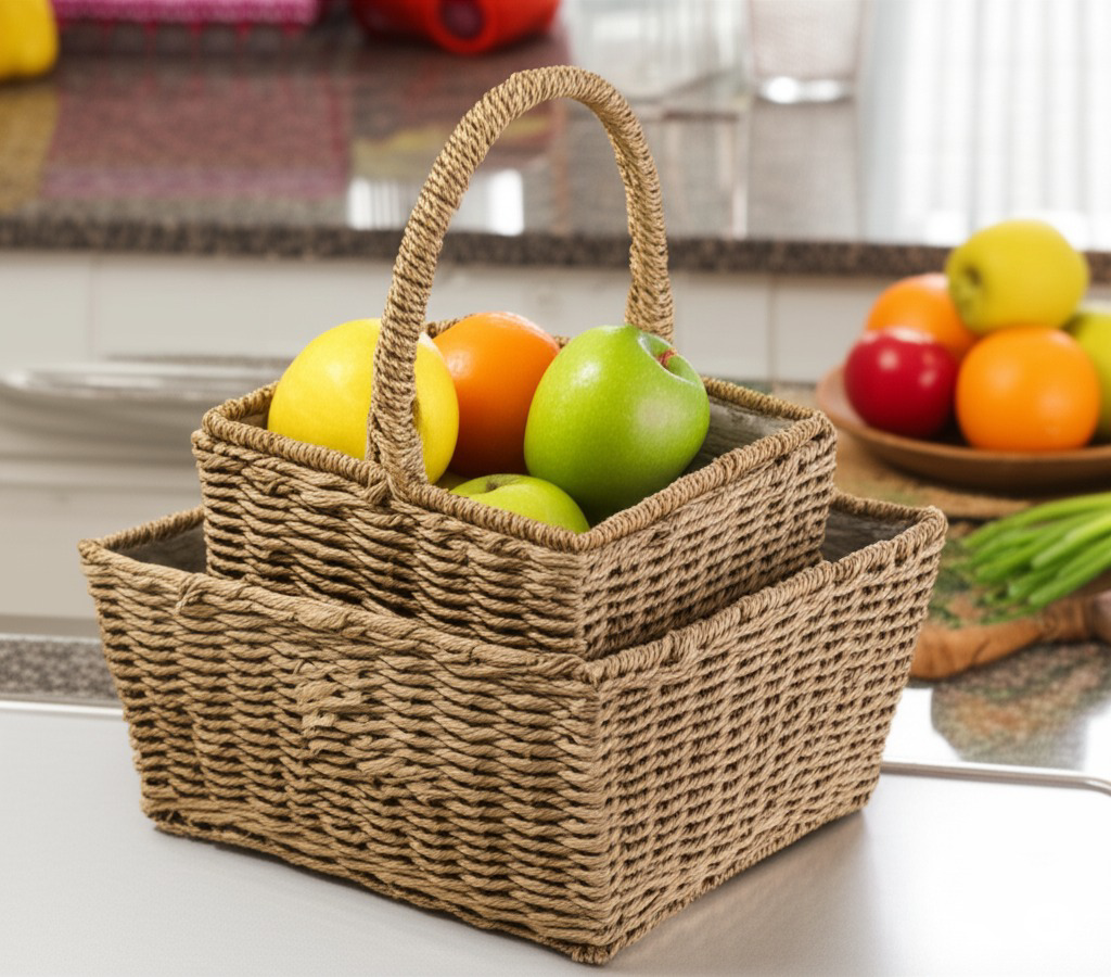 Kare Doğal Hasır Sepet Seti - 3'lü Çok Amaçlı Hasır Sepet Dekorat