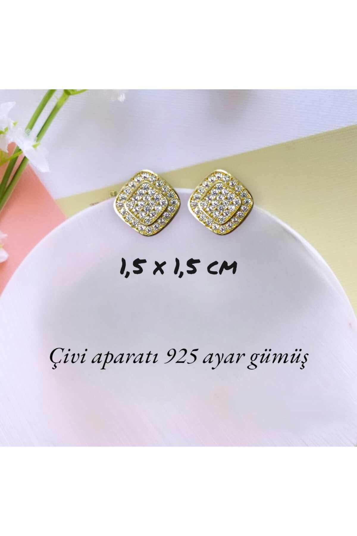 Dodemert Home Kare Gold 925 Ayar Gümüş Zirkon Taşli Küpe
