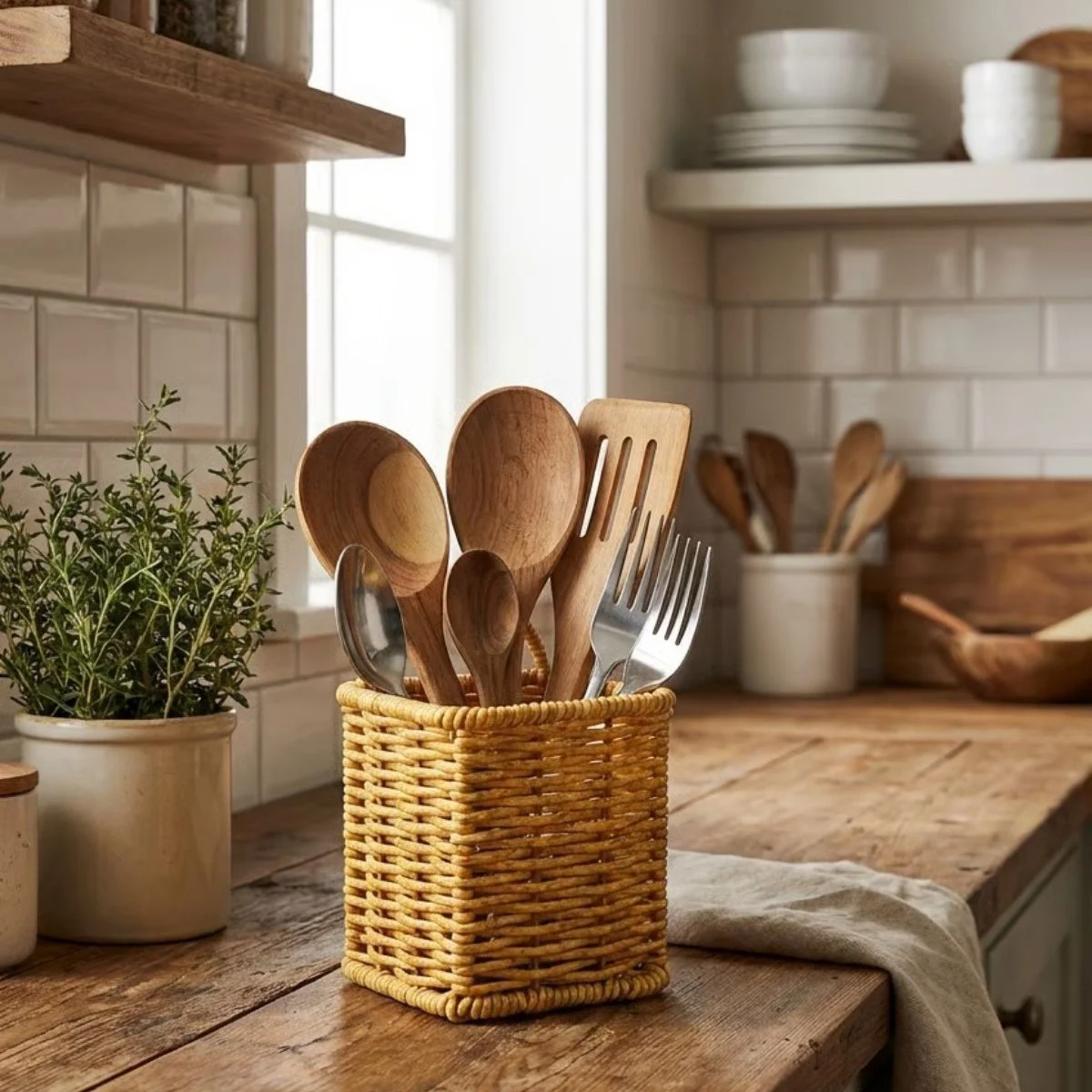 Kare Hasır Dokulu Plastik Rattan Kaşıklık & Çatallık – Askılı Kendiliğinden Tutmalı Çok Amaçlı Mutfak Organizeri Kare Hasır Dokulu Plastik Rattan Kaşıklık & Çatallık – Askılı Kendiliğinden Tutmalı Çok Amaçlı Mutfak Organizeri