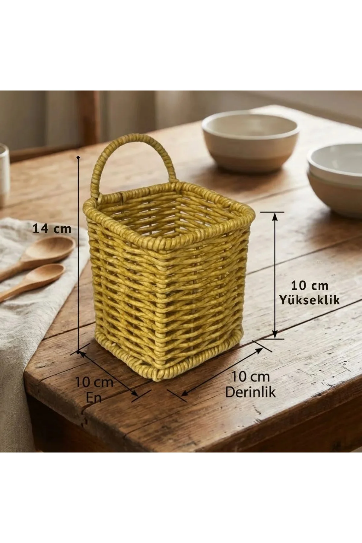 Kare Hasır Dokulu Plastik Rattan Kaşıklık & Çatallık – Askılı Kendiliğinden Tutmalı Çok Amaçlı Mutfa