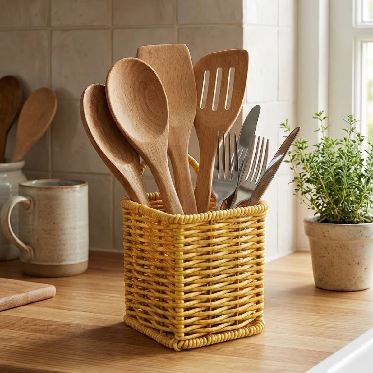 Kare Hasır Dokulu Plastik Rattan Kaşıklık & Çatallık – Askılı Kendiliğinden Tutmalı Çok Amaçlı Mutfak Organizeri Kare Hasır Dokulu Plastik Rattan Kaşıklık & Çatallık – Askılı Kendiliğinden Tutmalı Çok Amaçlı Mutfak Organizeri