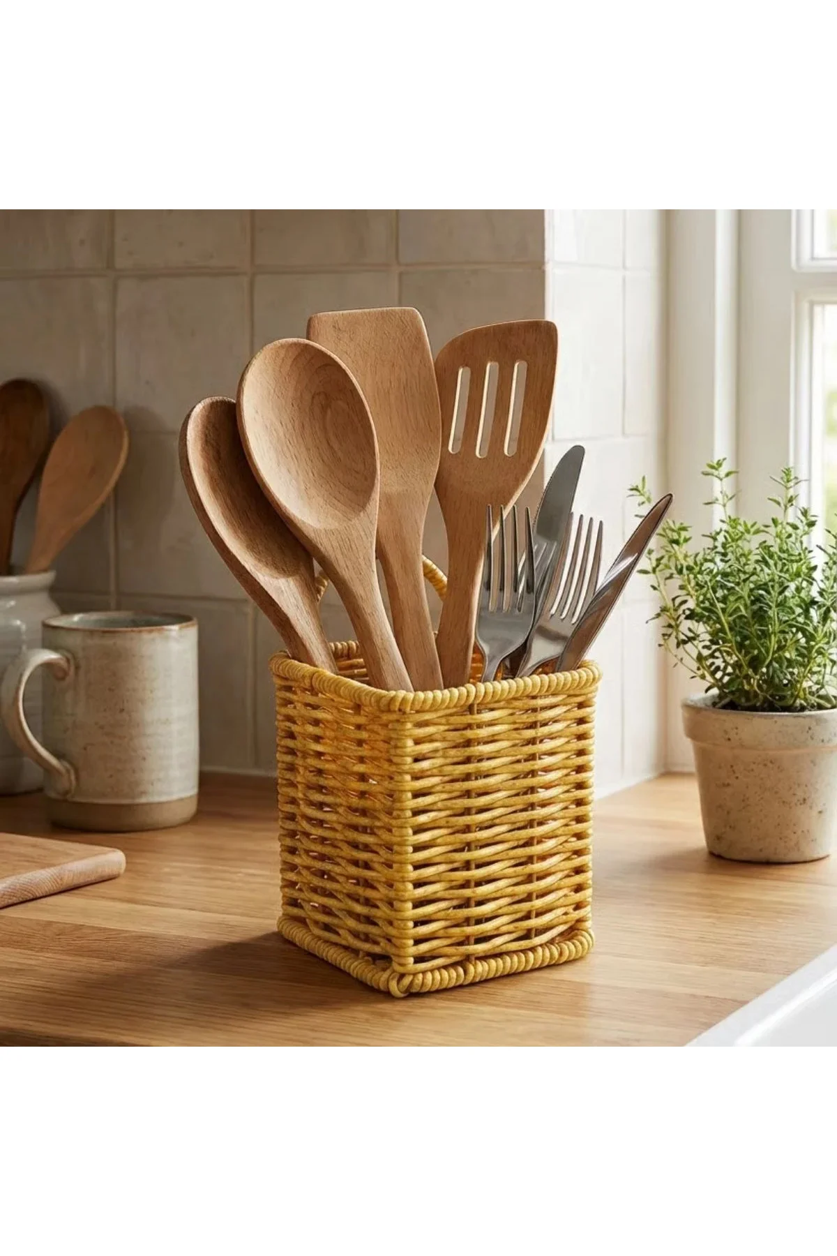 Kare Hasır Dokulu Plastik Rattan Kaşıklık & Çatallık – Askılı Kendiliğinden Tutmalı Çok Amaçlı Mutfa
