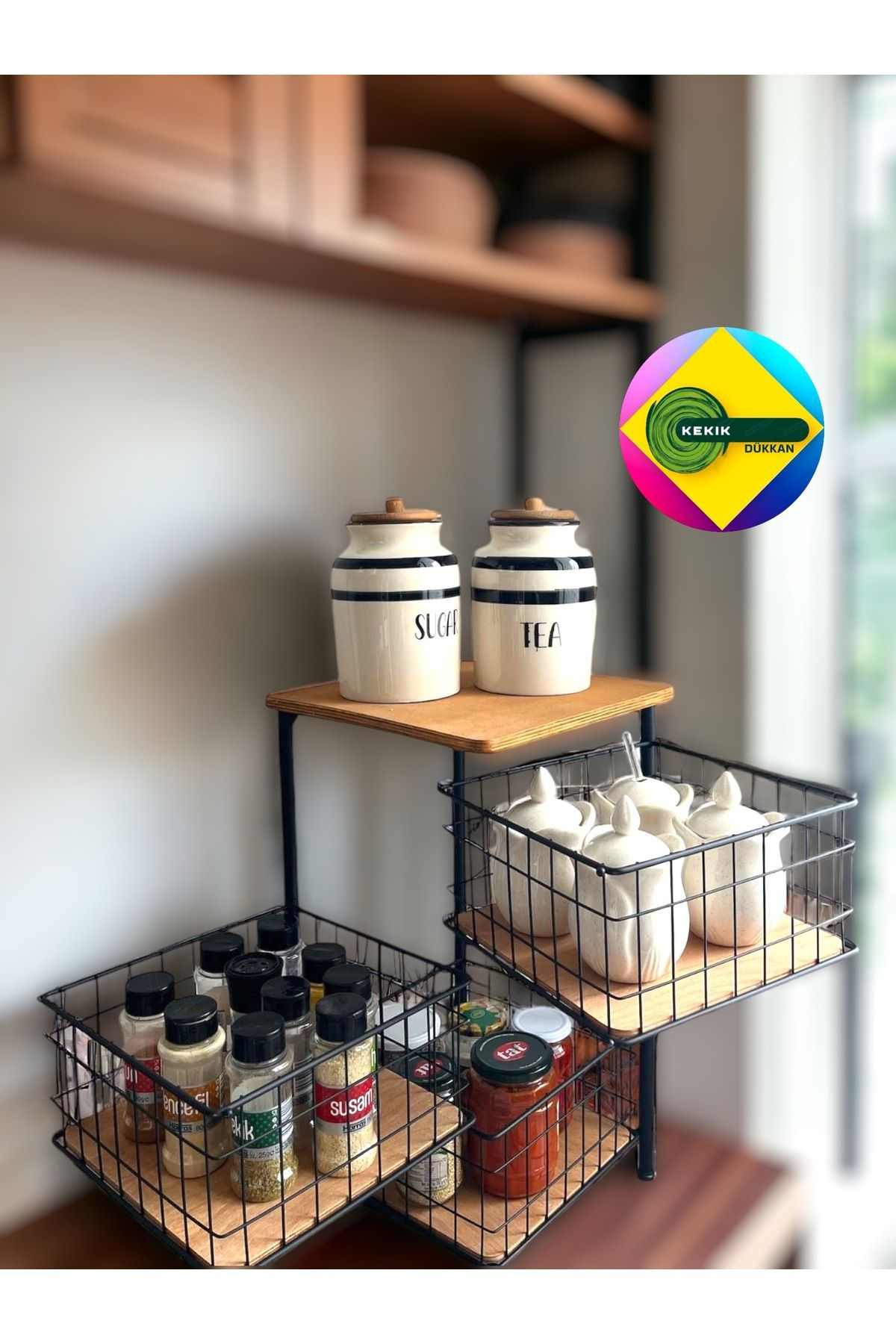 Kekikdükkan Kare Metal&Ahşap 3 Karlı Oynar Raf&Sepet Organizer
