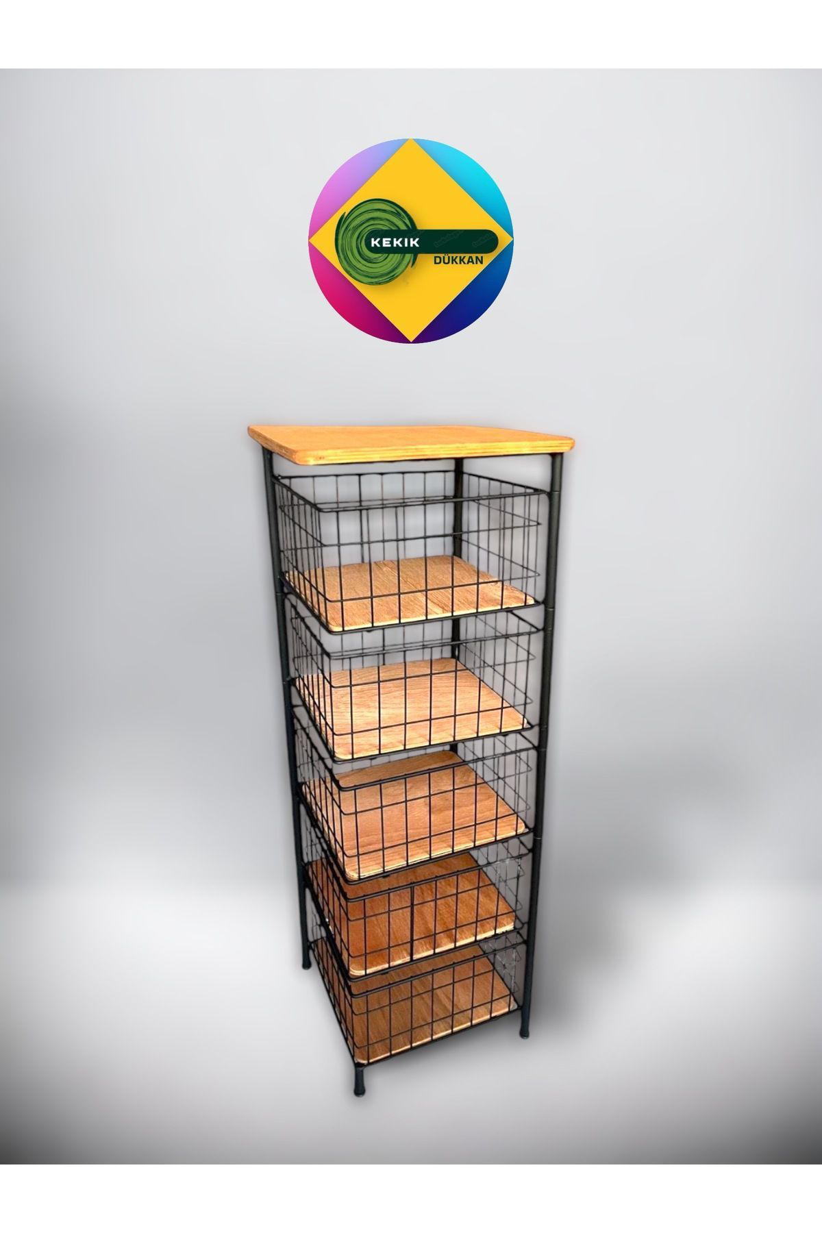 Kekikdükkan Kare Metal&Ahşap 5 Katli Oynar Raf&Sepet Organizer