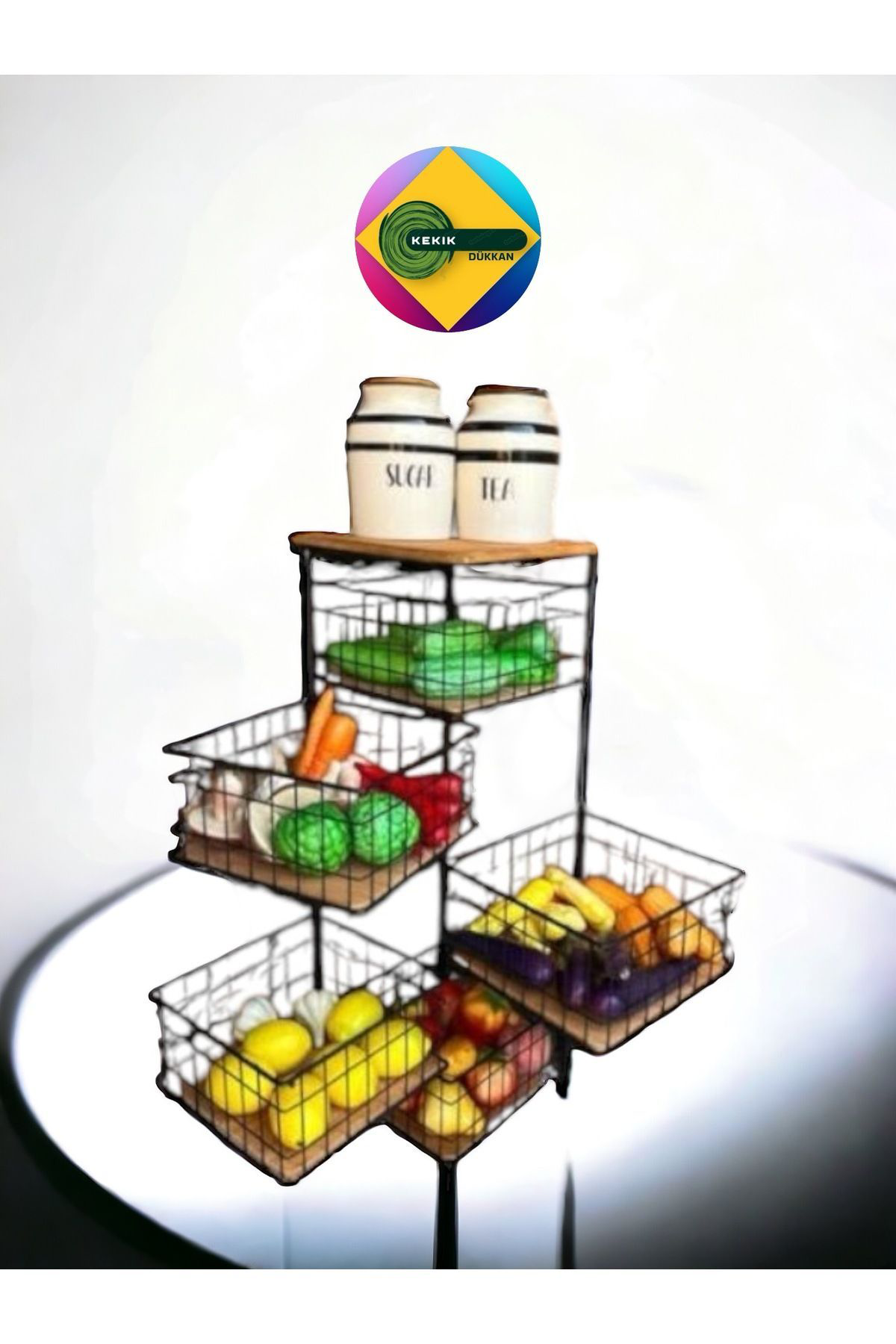 Kekikdükkan Kare Metal&Ahşap 5 Katli Oynar Raf&Sepet Organizer