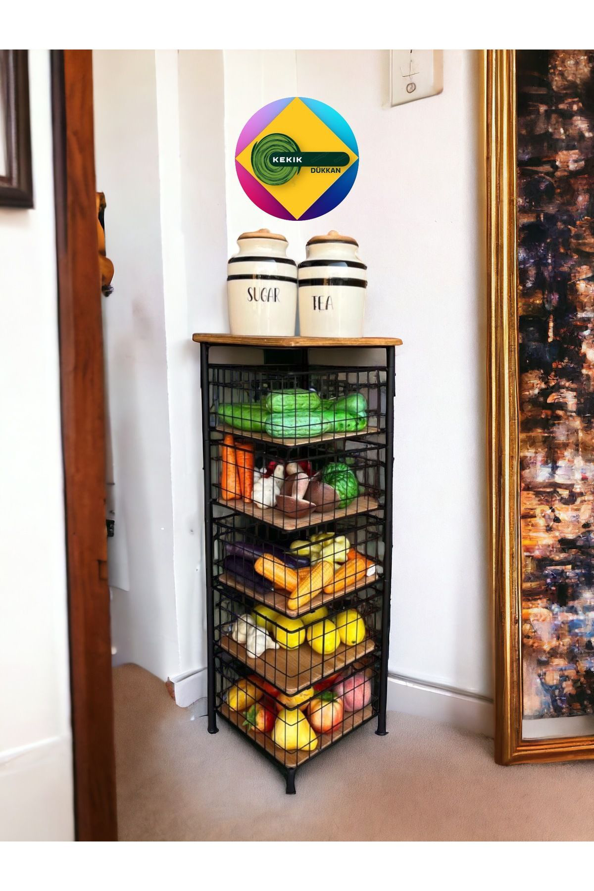 Kekikdükkan Kare Metal&Ahşap 5 Katli Oynar Raf&Sepet Organizer