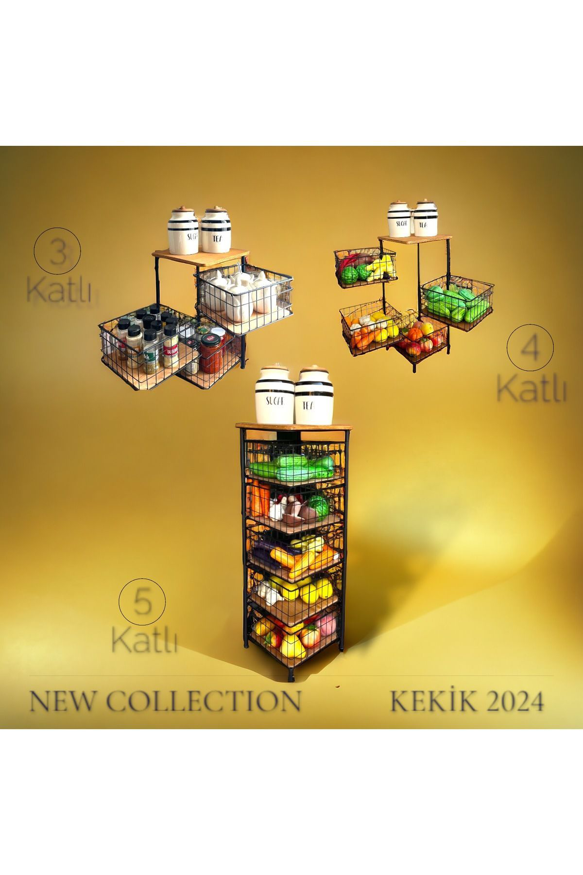 Kekikdükkan Kare Metal&Ahşap 3 Karlı Oynar Raf&Sepet Organizer