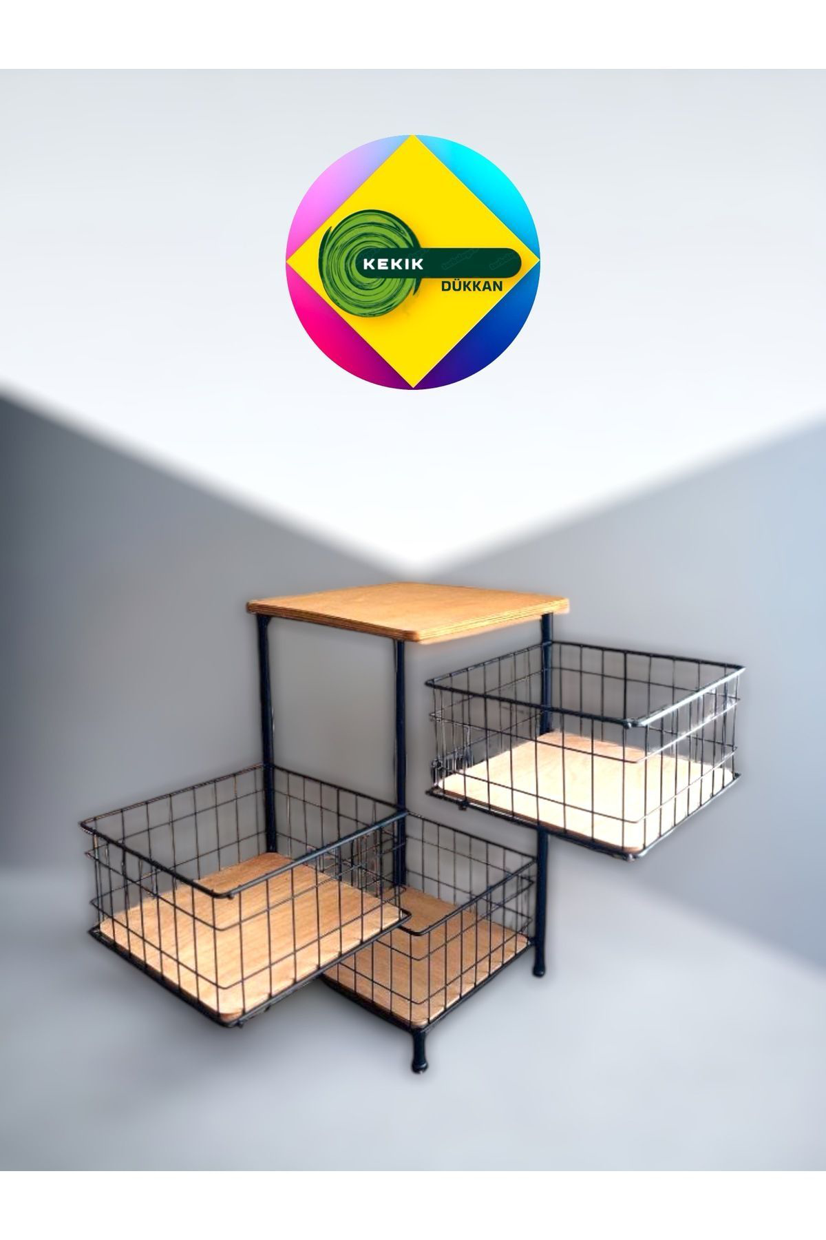 Kekikdükkan Kare Metal&Ahşap 3 Karlı Oynar Raf&Sepet Organizer