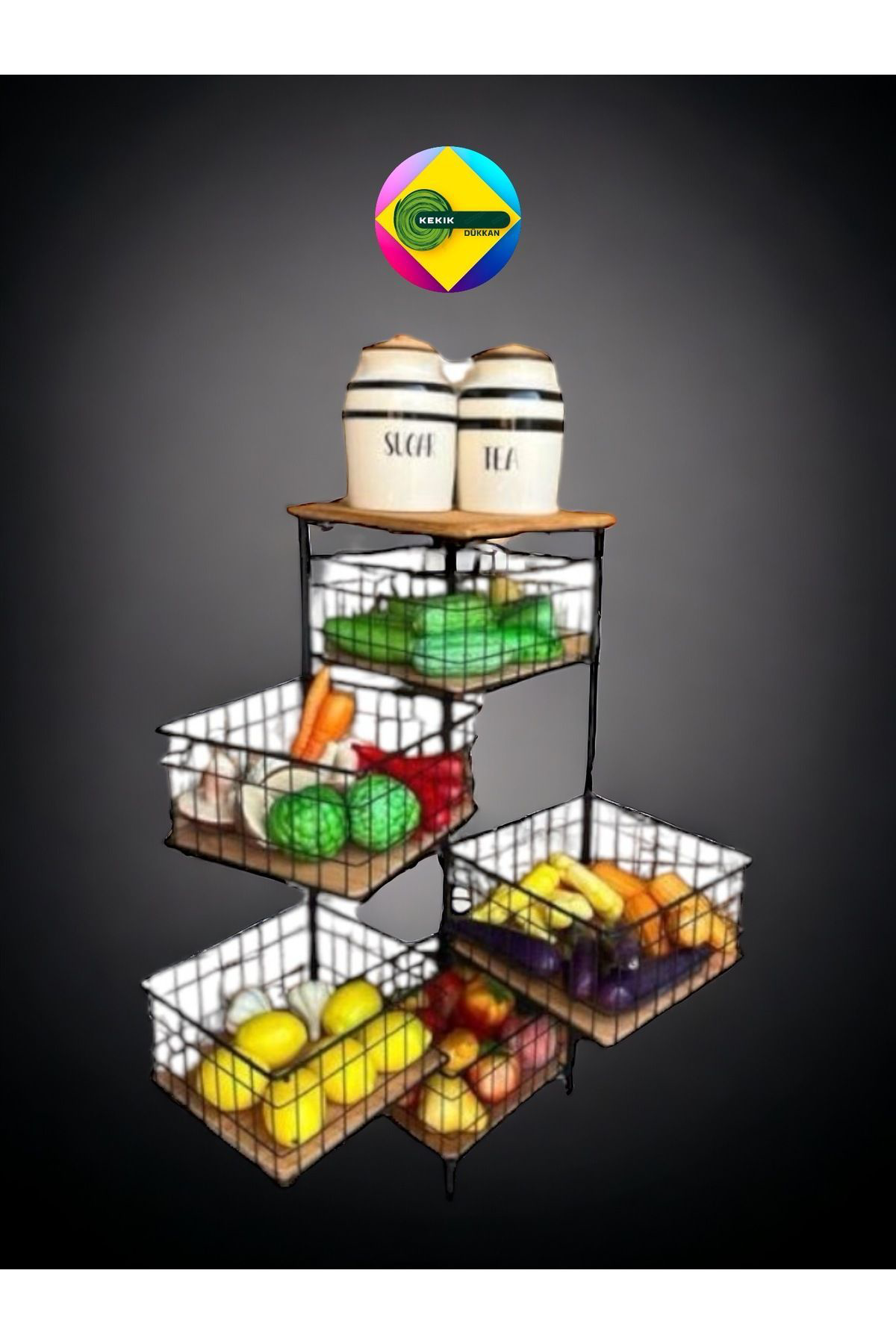 Kekikdükkan Kare Metal&Ahşap 5 Katli Oynar Raf&Sepet Organizer