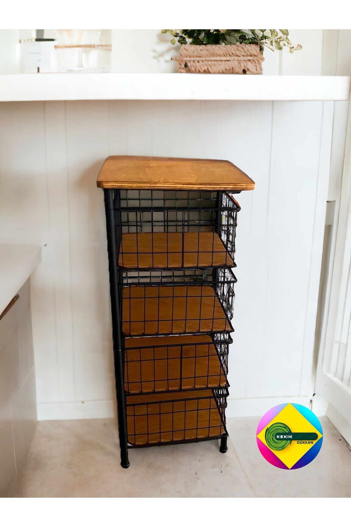 Kekikdükkan Kare Metal&Ahşap 4 Katli Oynar Raf&Sepet Organizer