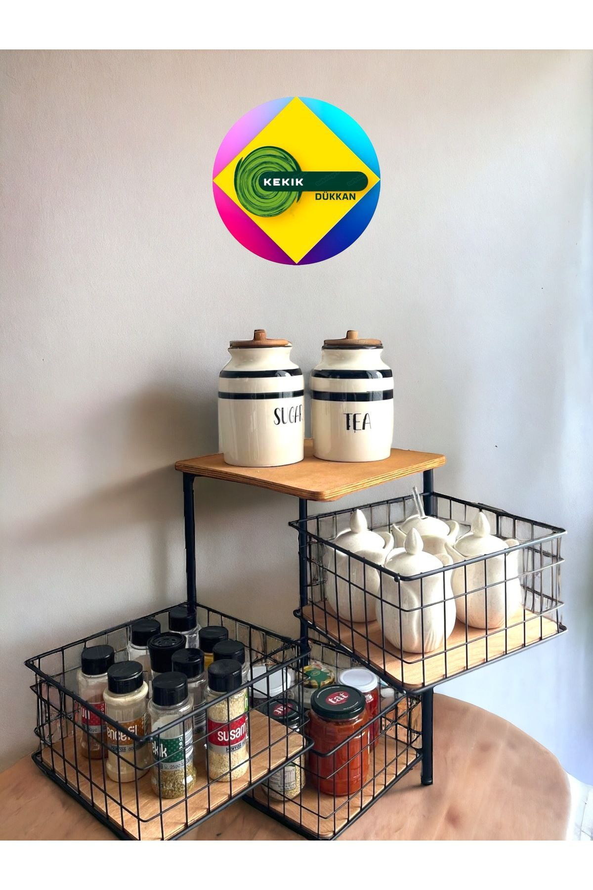 Kekikdükkan Kare Metal&Ahşap 3 Karlı Oynar Raf&Sepet Organizer