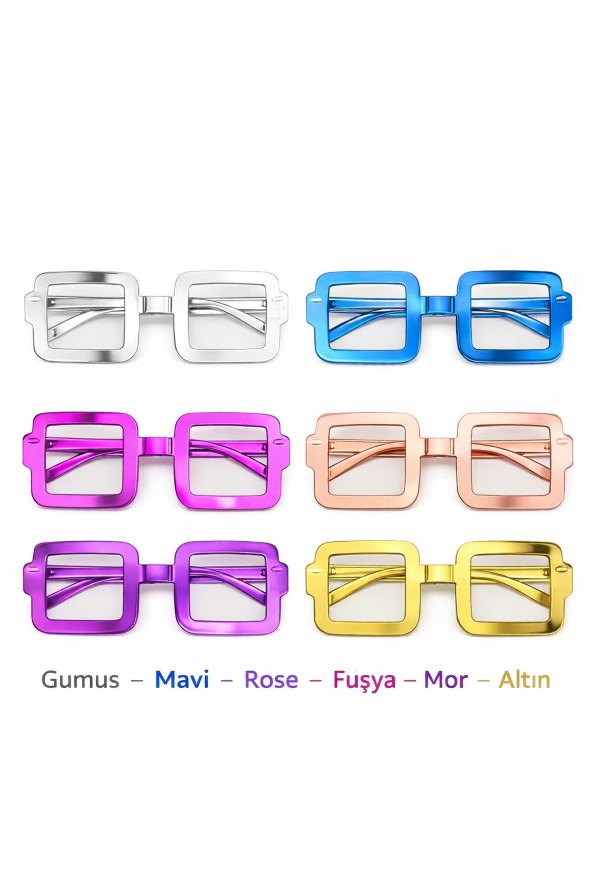 Kare Şekilli Parti Gözlüğü 12 Adet – 6 Renk ( Camsız )