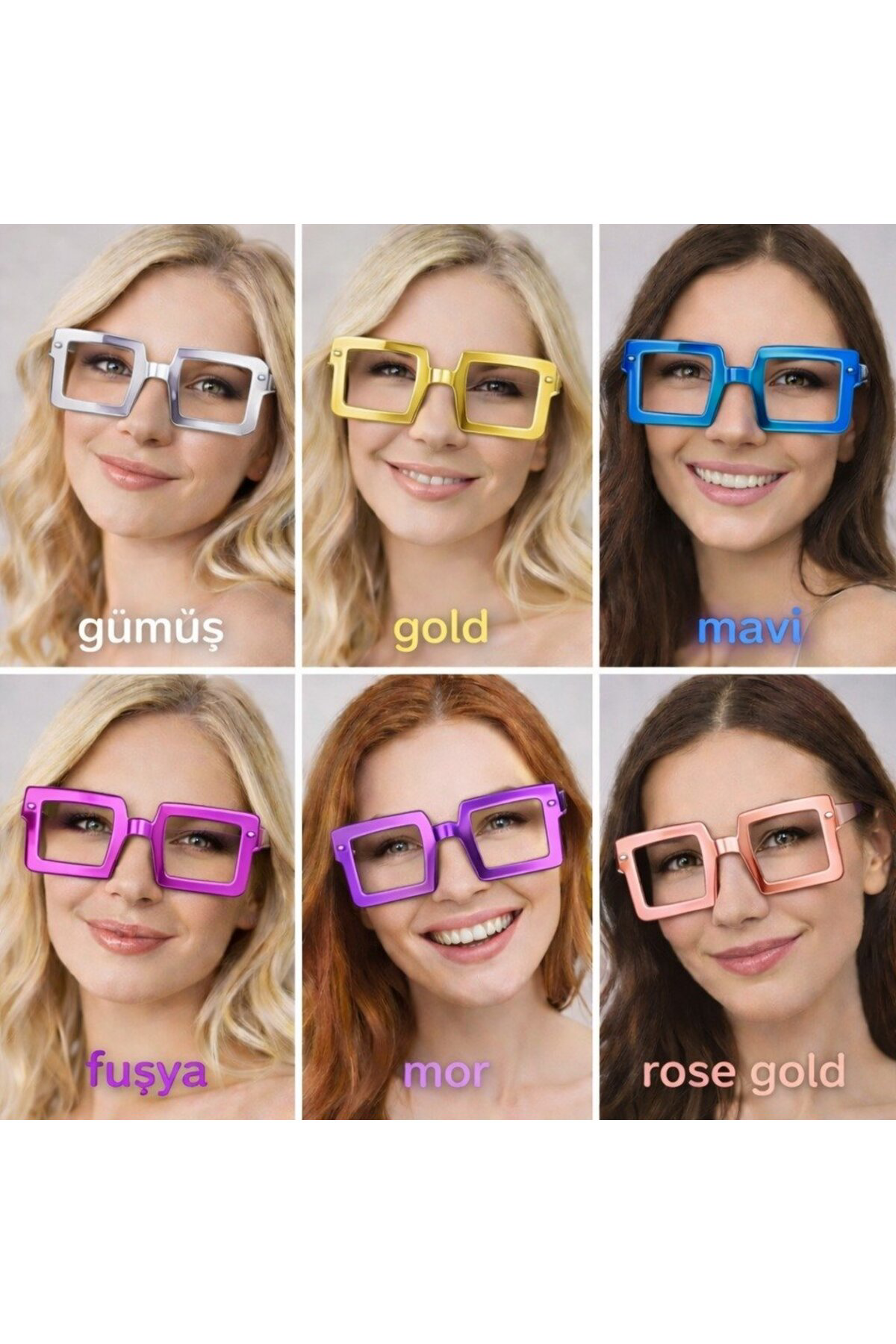 Kare Şekilli Parti Gözlüğü 12 Adet – 6 Renk ( Camsız )