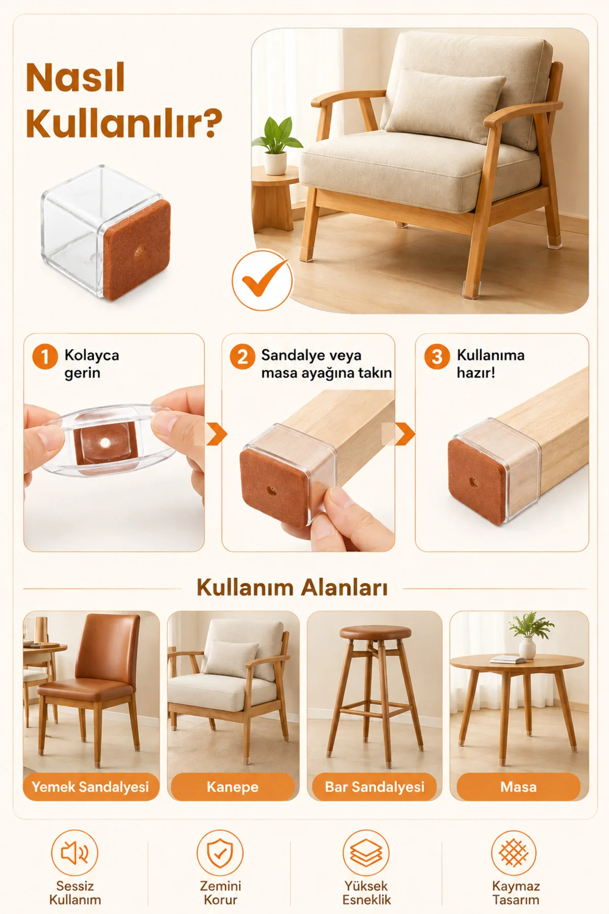 Kare Silikon Keçeli Sandalye ve Masa Ayağı Pabucu 4'lü Set Medium