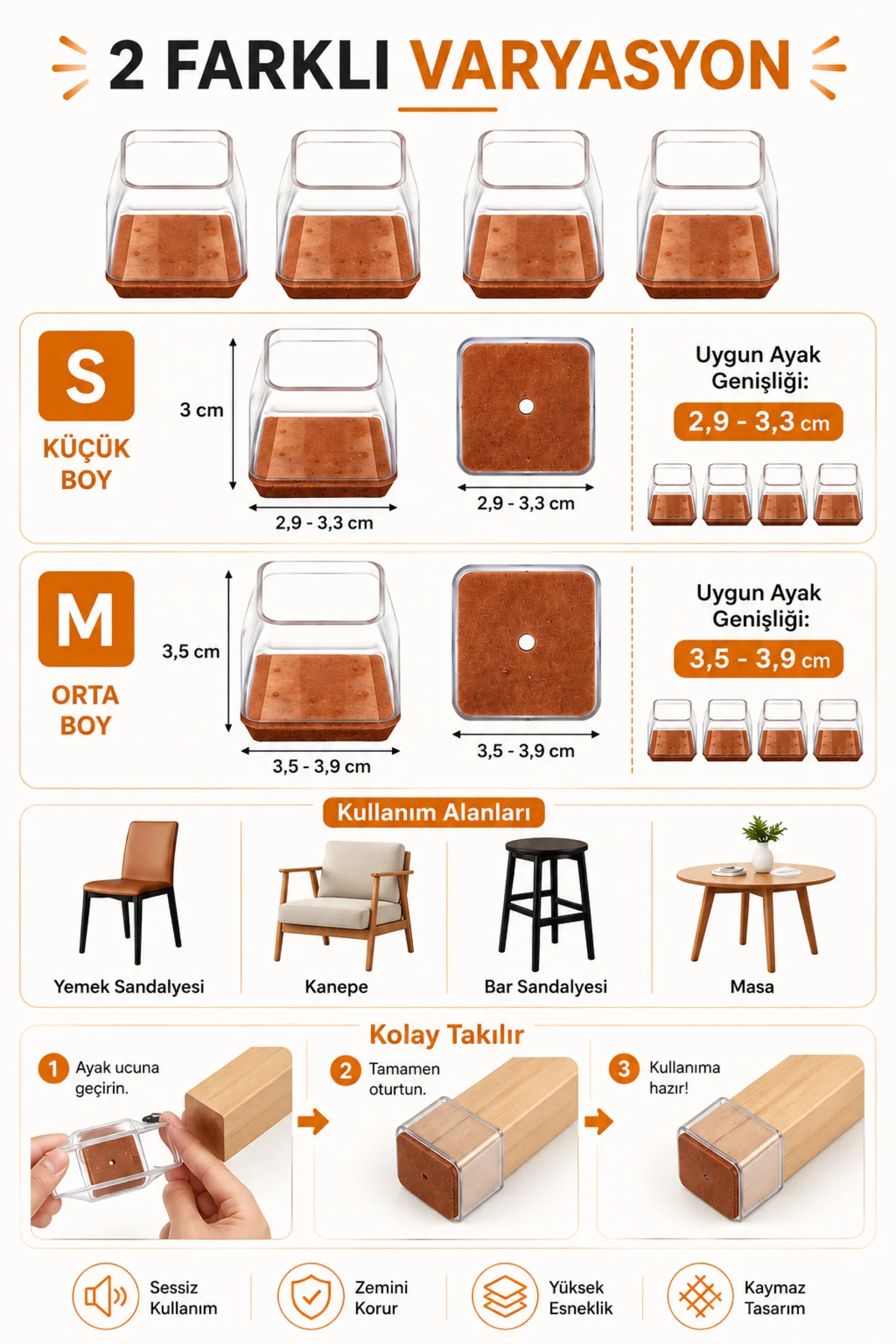 Kare Silikon Keçeli Sandalye ve Masa Ayağı Pabucu 4'lü Set Medium
