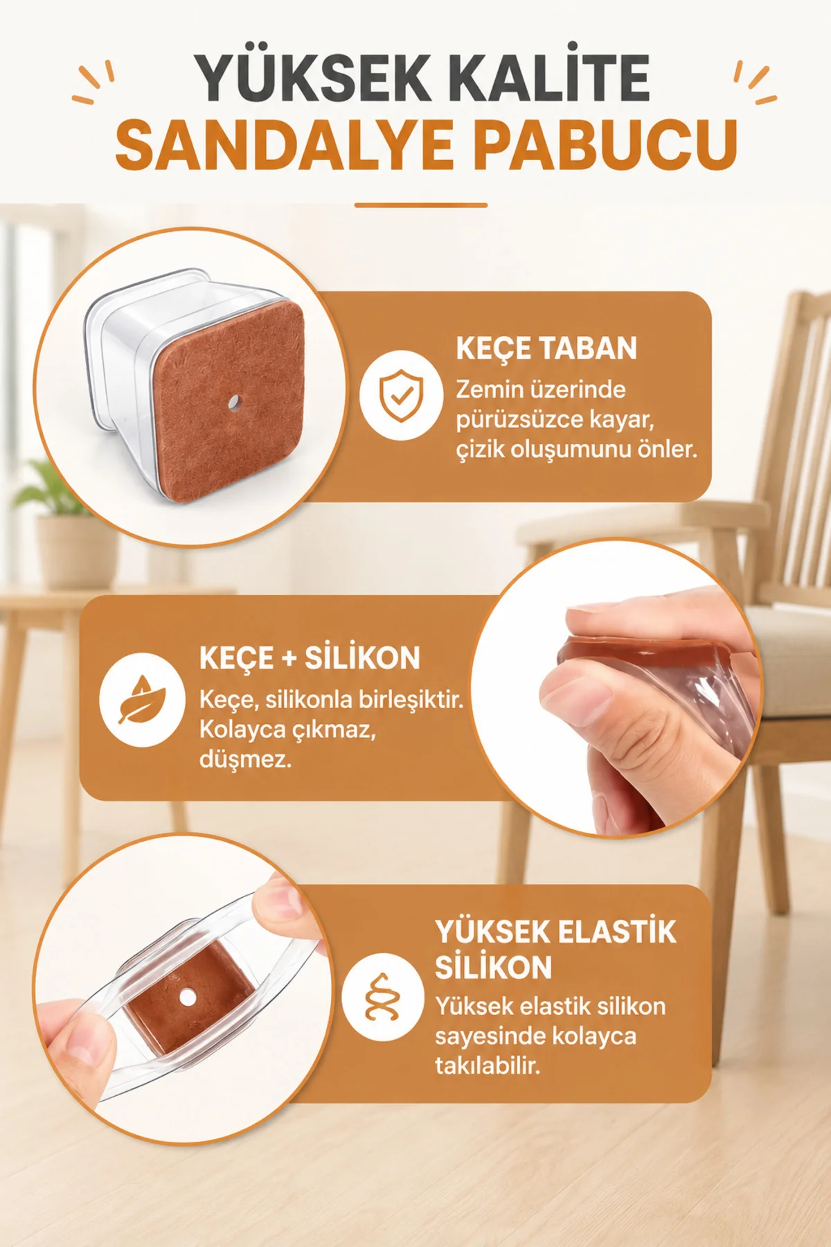 Kare Silikon Keçeli Sandalye ve Masa Ayağı Pabucu 4'lü Set Medium