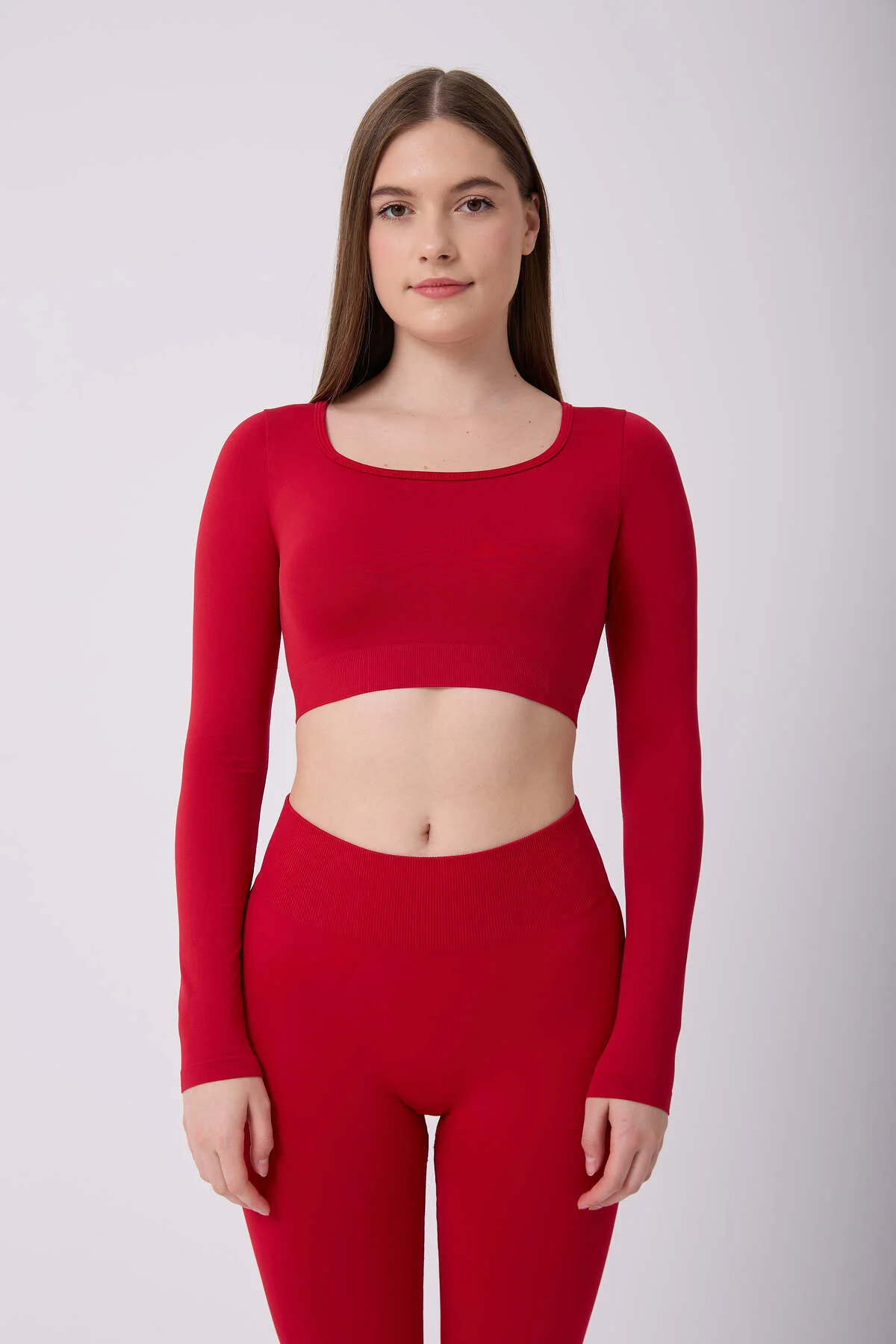 Kare Yaka Uzun Kollu Crop Top Seamless