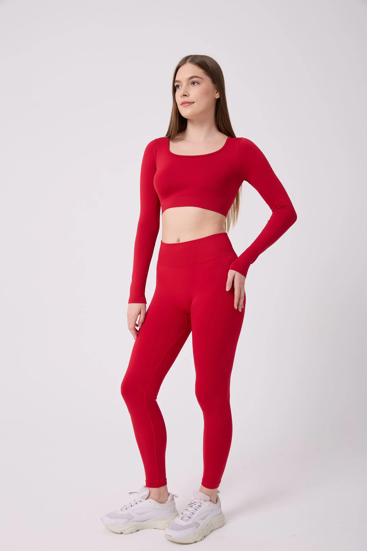 Kare Yaka Uzun Kollu Crop Top Seamless