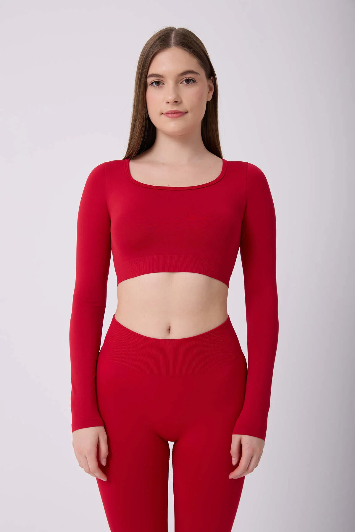 Kare Yaka Uzun Kollu Crop Top Seamless