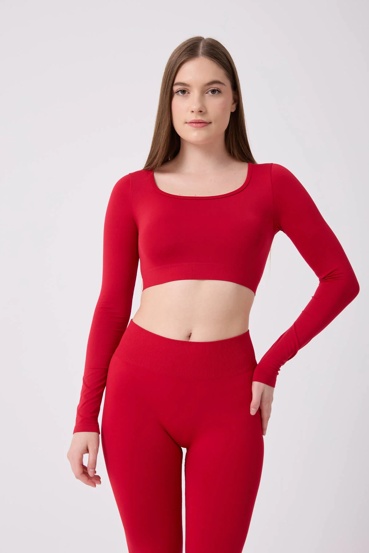 Kare Yaka Uzun Kollu Crop Top Seamless