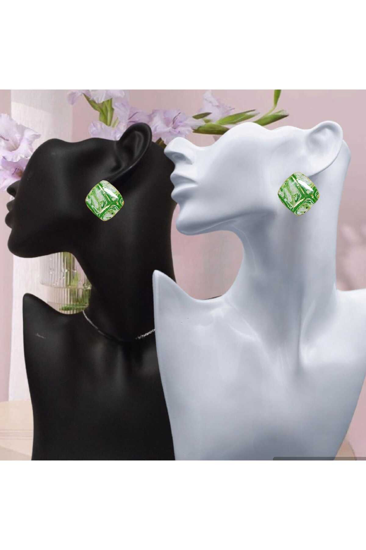 Kare Yeşil Doğaltaş Görünümlü Polimer Kil & Epoksi Tasarım Küpe