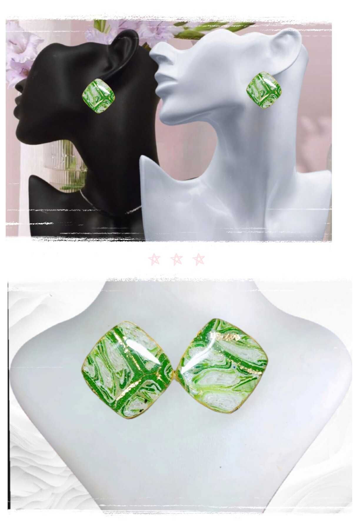 Kare Yeşil Doğaltaş Görünümlü Polimer Kil & Epoksi Tasarım Küpe