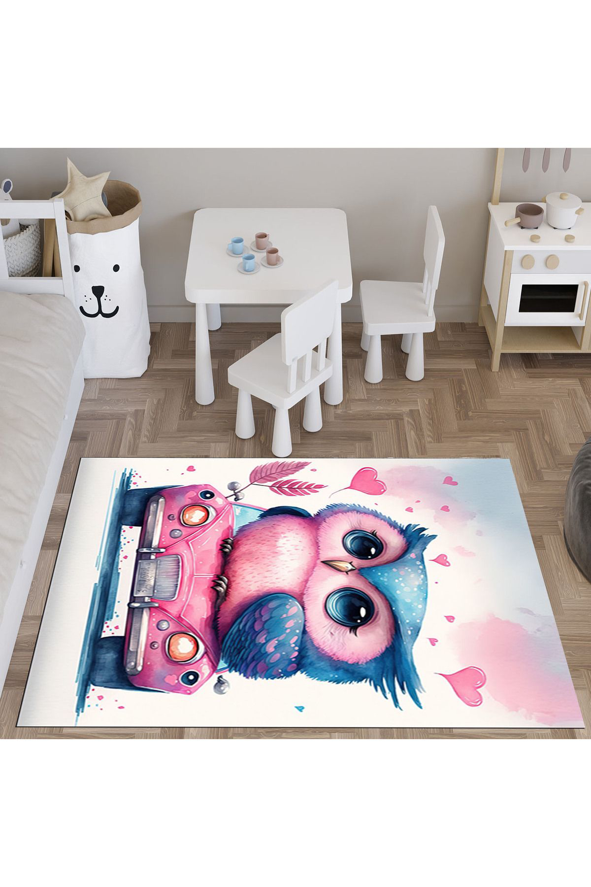 Evan Home Karikatür Baykuş Desenli  Dijital Baskı Yıkanabilir Kaymaz Taban Çocuk Odası Halısı