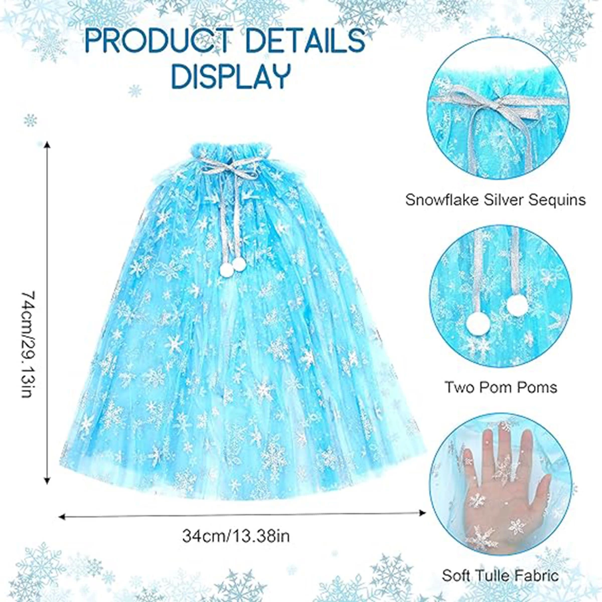 Karlar Ülkesi Elsa Frozen Mavi Pelerin – 80 Cm Kar Desenli Çocuk