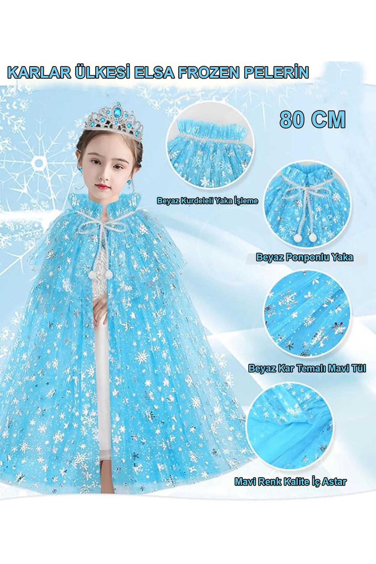 Karlar Ülkesi Elsa Frozen Mavi Pelerin – 80 cm Kar Desenli Çocuk 