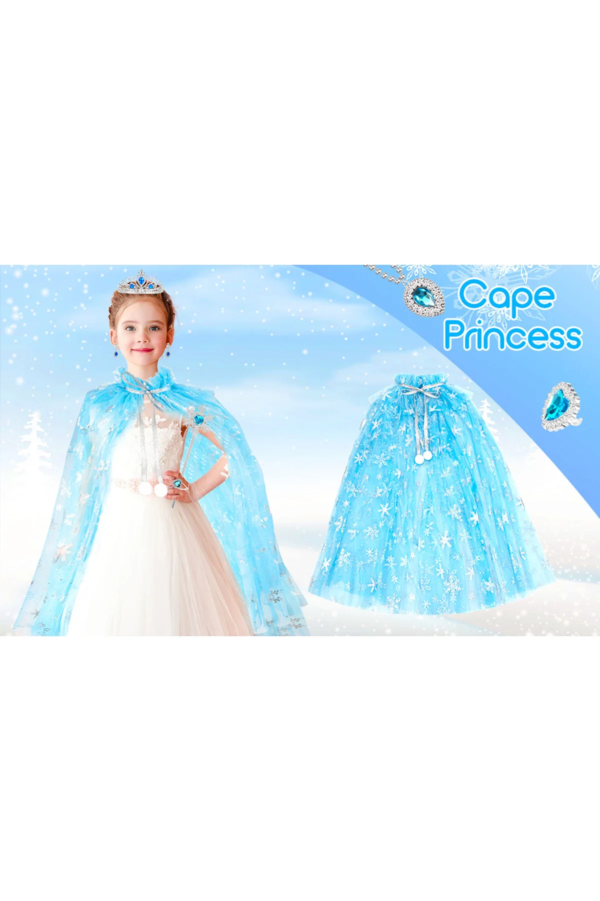 Karlar Ülkesi Elsa Frozen Mavi Pelerin – 80 cm Kar Desenli Çocuk 