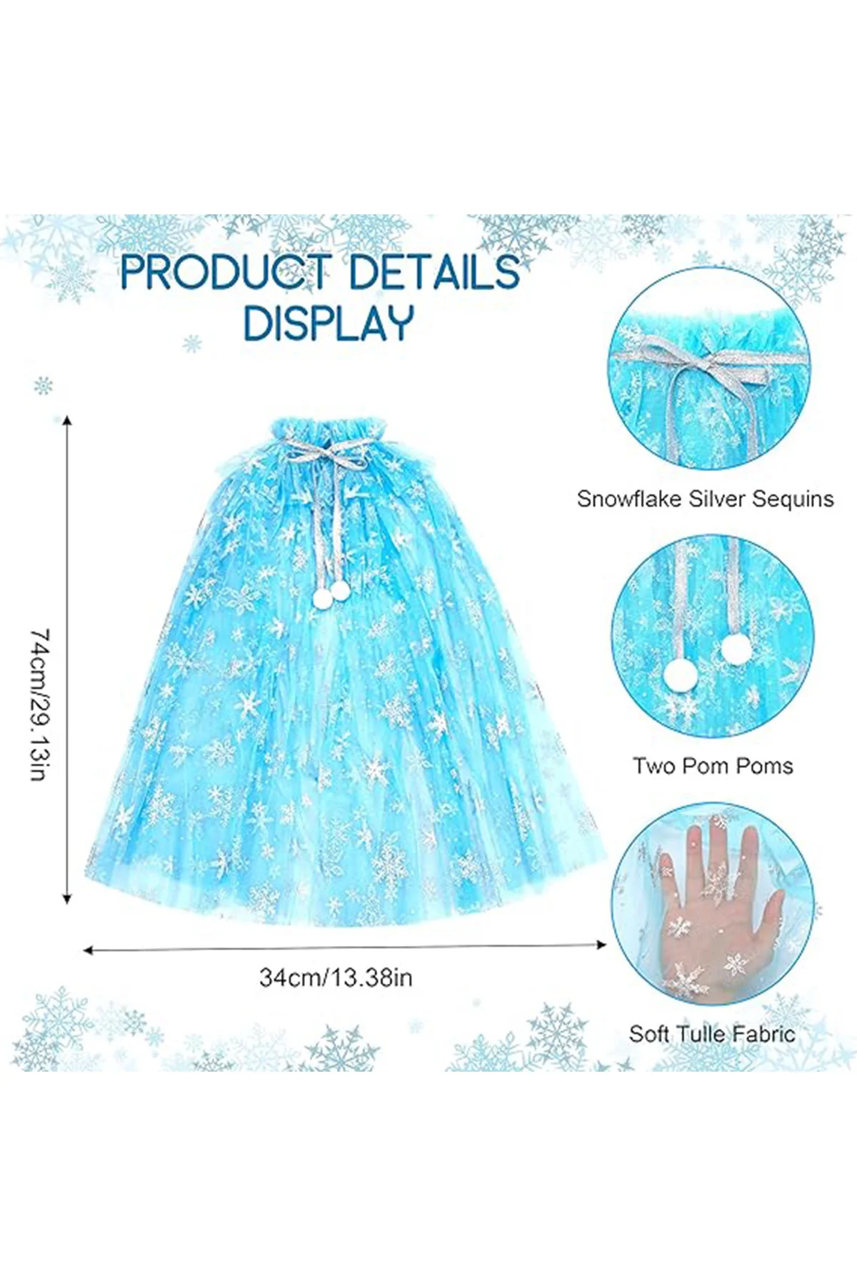 Karlar Ülkesi Elsa Frozen Mavi Pelerin – 80 cm Kar Desenli Çocuk 