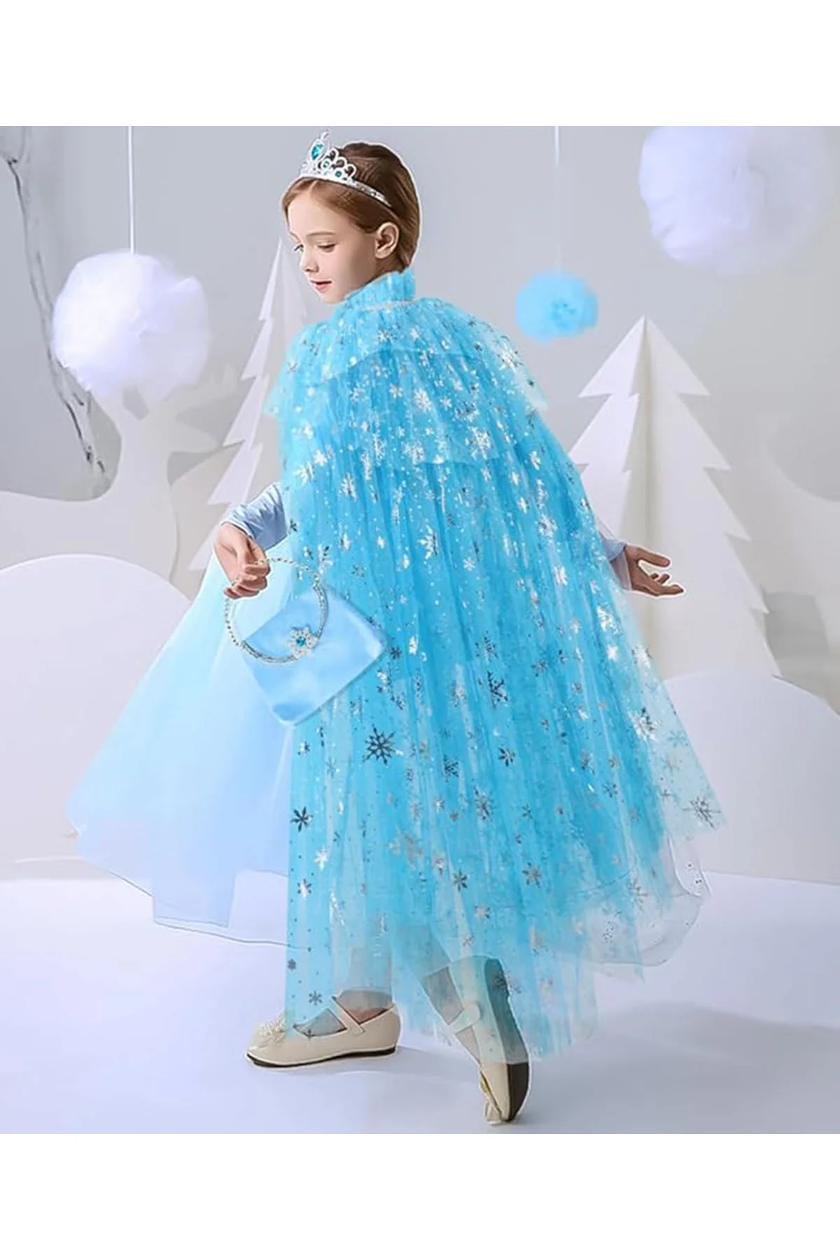 Karlar Ülkesi Elsa Frozen Mavi Pelerin – 80 cm Kar Desenli Çocuk 