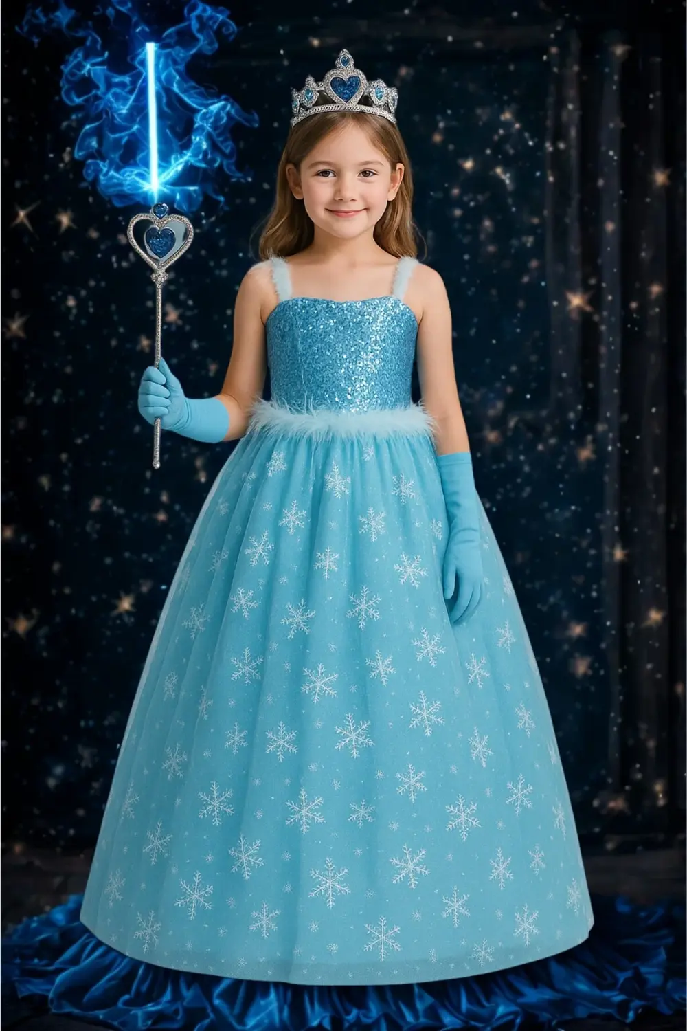 Karlar Ülkesi Frozen Elsa Askılı Kostüm Mavi Kız Çocuk Tarlatanlı