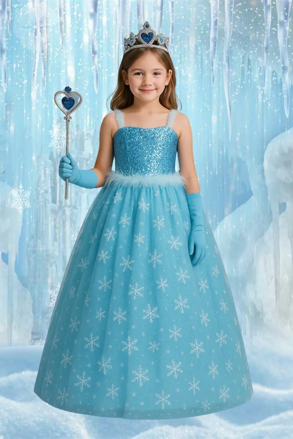 Karlar Ülkesi Frozen Elsa Askılı Kostüm Mavi Kız Çocuk Tarlatanlı