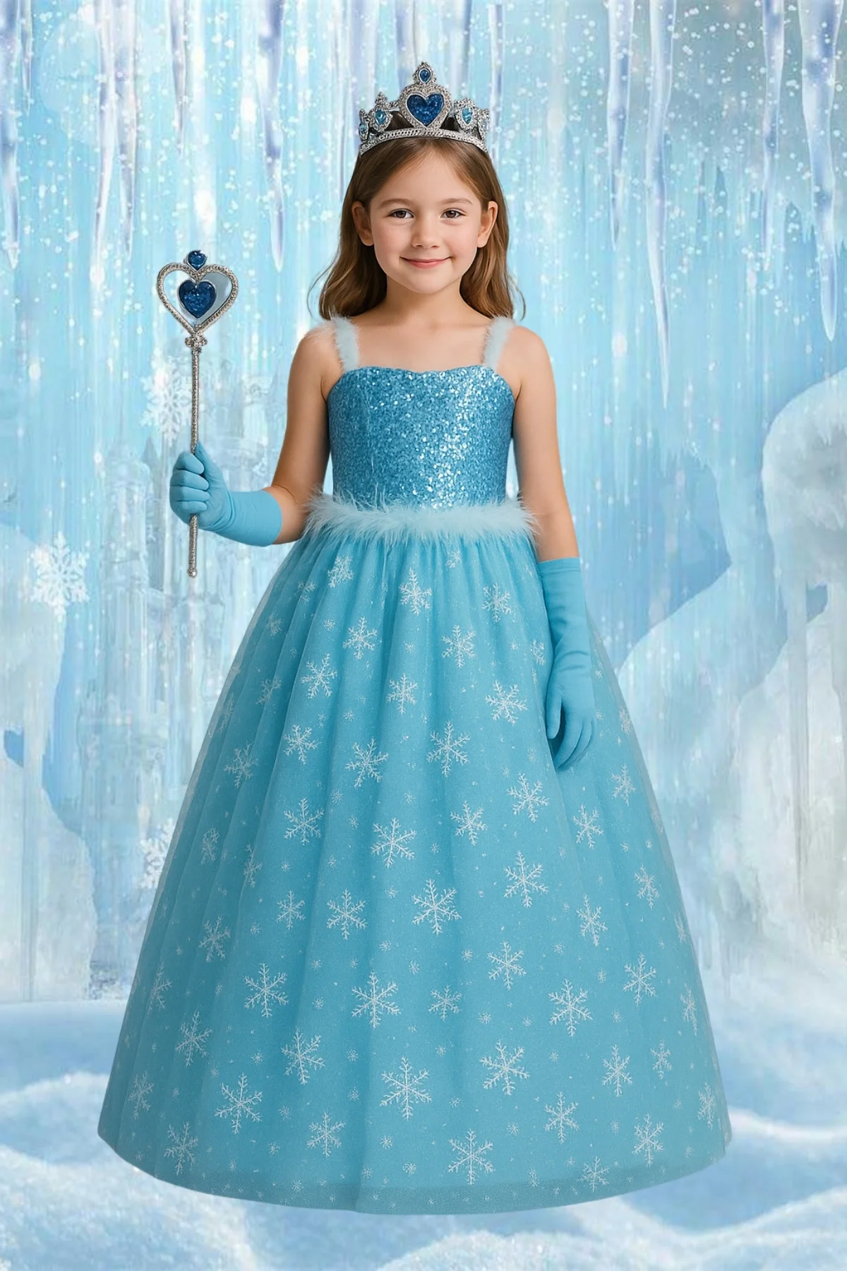Karlar Ülkesi Frozen Elsa Askılı Kostüm Mavi Kız Çocuk Tarlatanlı Pulpayet Elbise