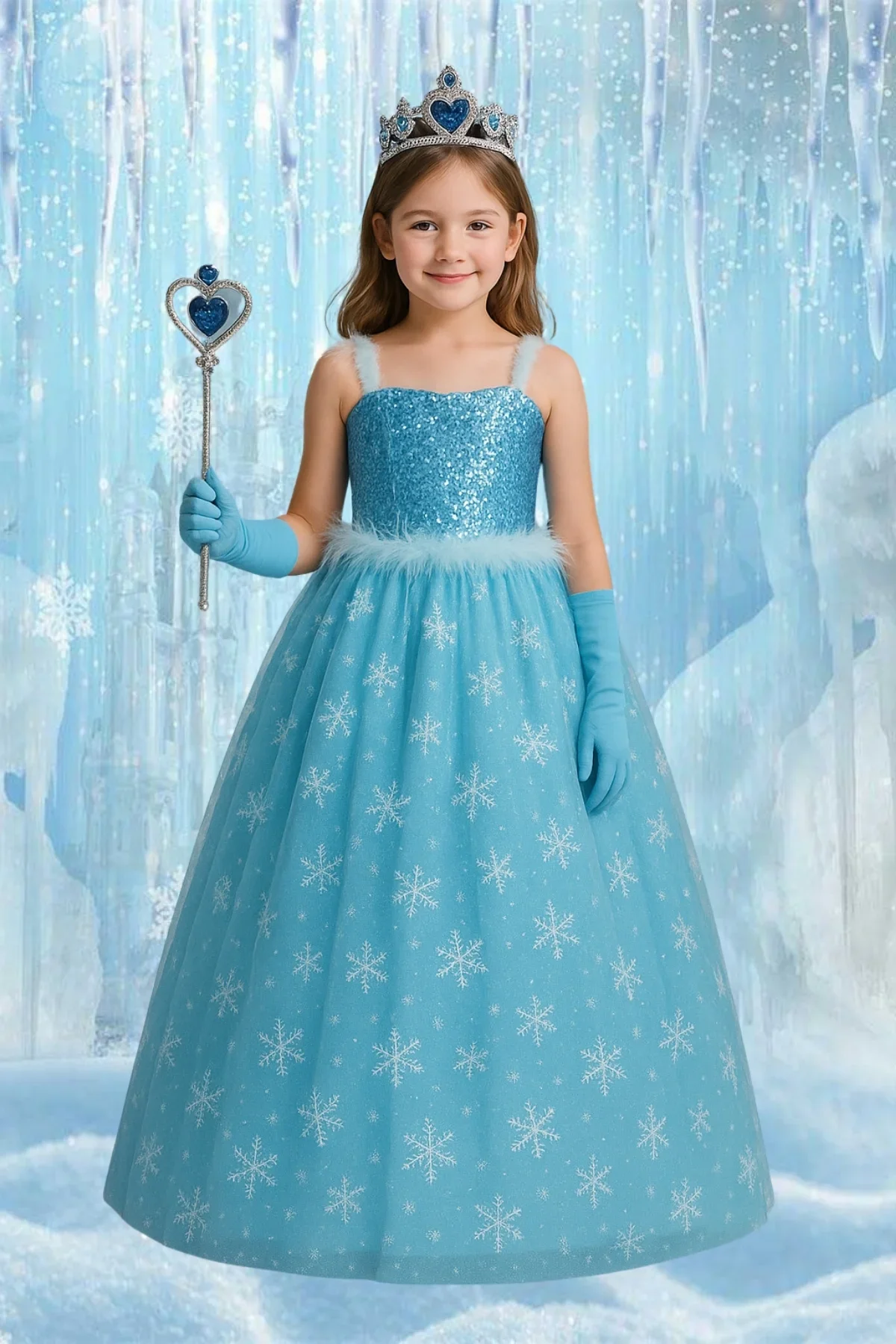 Karlar Ülkesi Frozen Elsa Askılı Kostüm Mavi Kız Çocuk Tarlatanlı Pulpayet Elbise - Görsel 7