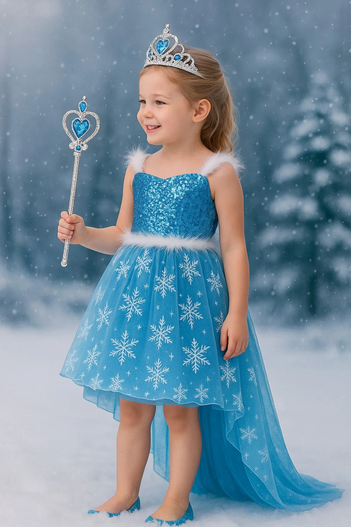 Karlar Ülkesi Frozen Elsa Kostüm Mavi Ön Kısa Arka Uzun Elbise Kı